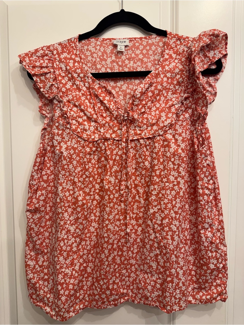J. Crew Coral and White Floral Ruffle Tie-Neck Blouse